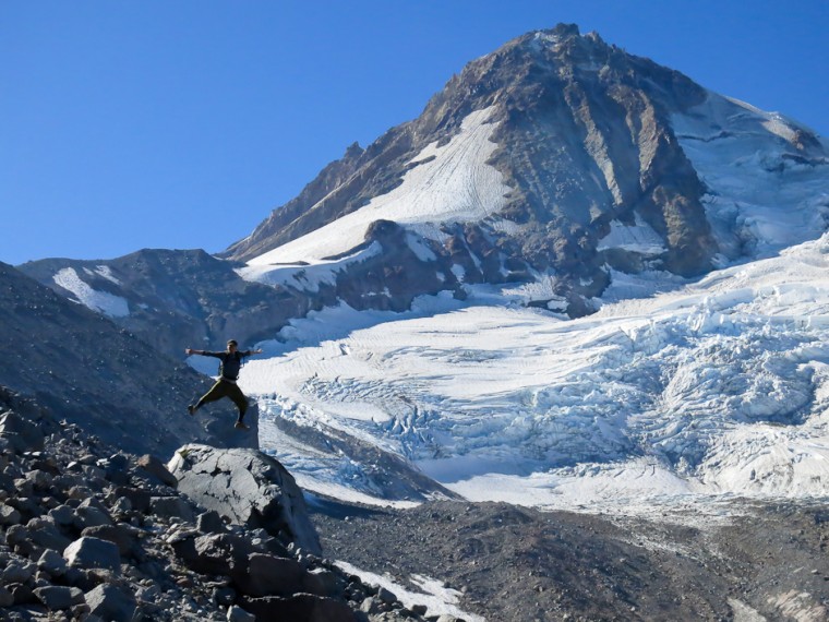 Jumping on a Rock on Coopers Spur, Mount Hood